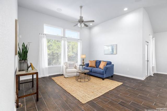 living room featuring baseboards, recessed lighting, a ceiling fan, and wood tiled floor