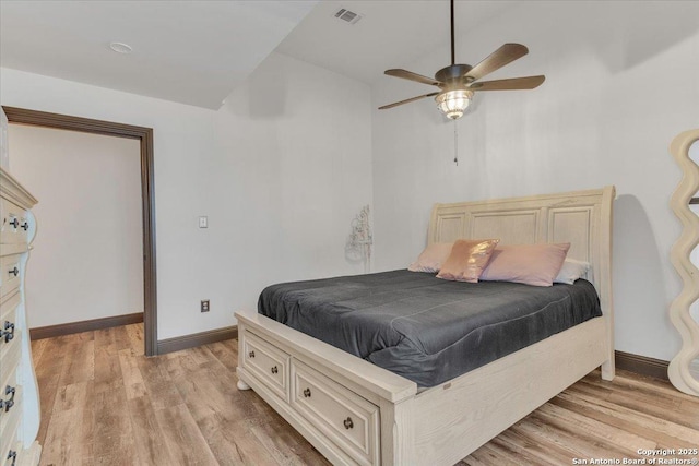 bedroom with ceiling fan and light hardwood / wood-style floors