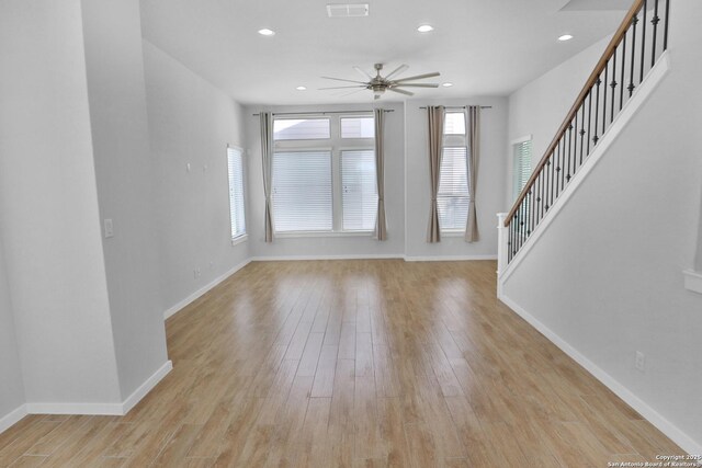 foyer entrance featuring recessed lighting, ceiling fan, light wood finished floors, and baseboards