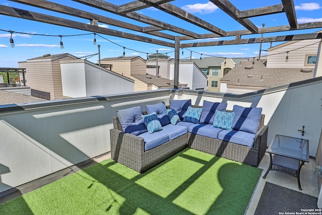 view of patio / terrace featuring outdoor lounge area, a pergola, a residential view, and a balcony
