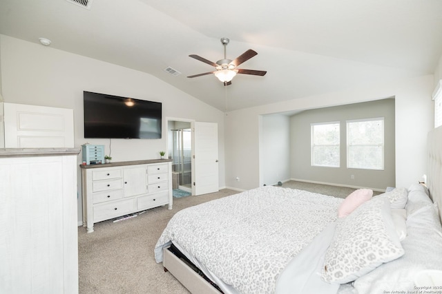 bedroom featuring vaulted ceiling, carpet flooring, and ceiling fan