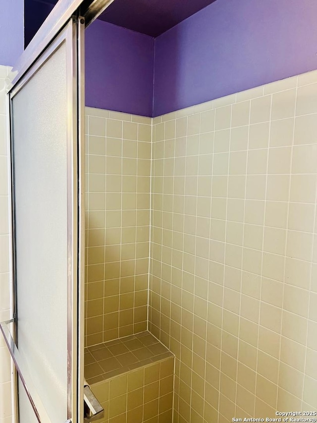 bathroom featuring a shower with shower door