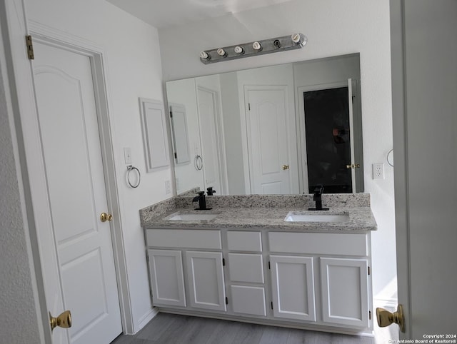 bathroom with vanity and wood-type flooring