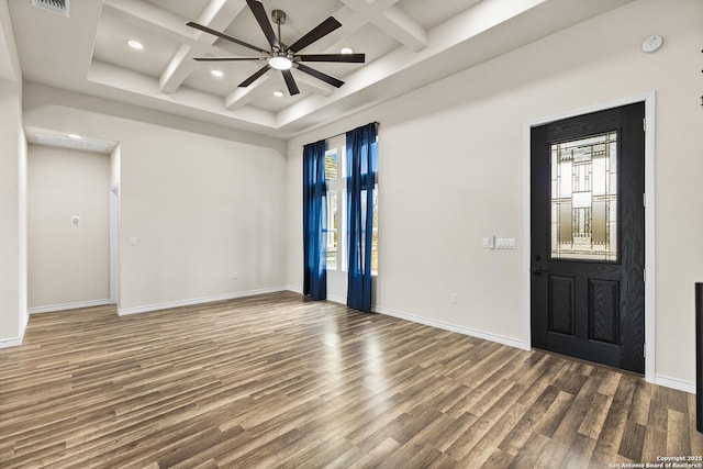 interior space with dark wood-style flooring, visible vents, coffered ceiling, beamed ceiling, and baseboards