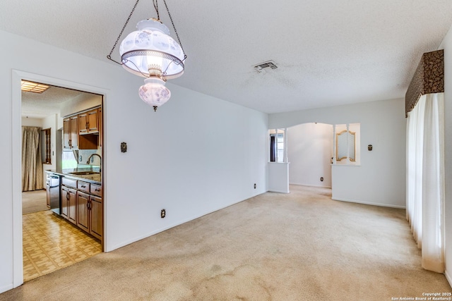 unfurnished room featuring light carpet, sink, and a textured ceiling