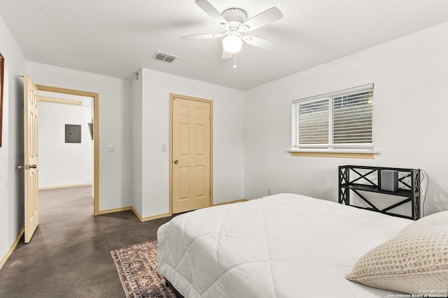 bedroom with electric panel and ceiling fan