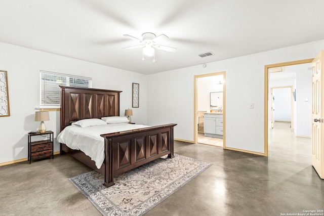 bedroom with concrete floors, ensuite bathroom, and ceiling fan