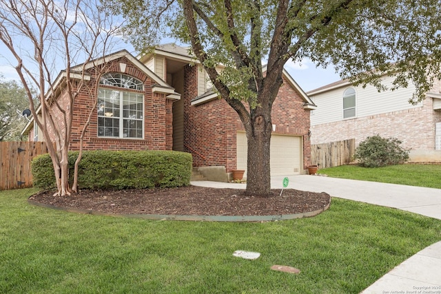 view of front of property with brick siding, fence, a front lawn, driveway, and a garage