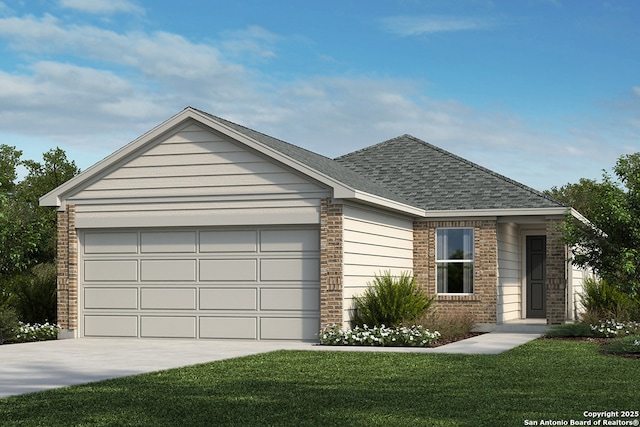 single story home featuring brick siding, a front yard, concrete driveway, and a garage