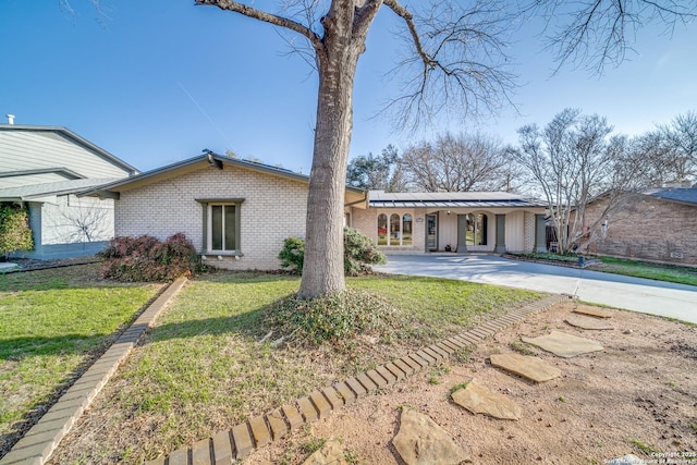 mid century modern with a standing seam roof, roof mounted solar panels, concrete driveway, brick siding, and a front yard