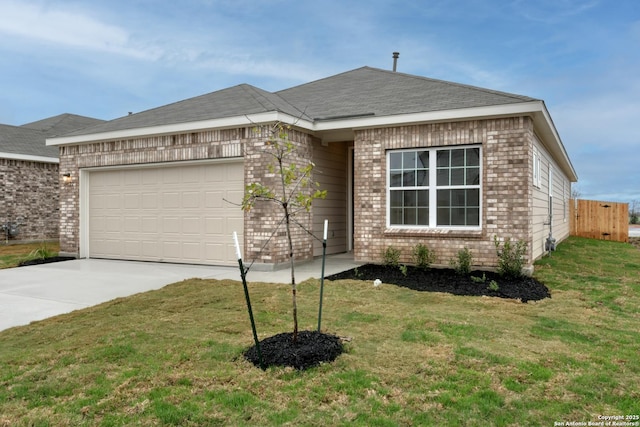 view of front facade featuring a garage, driveway, brick siding, roof with shingles, and a front yard