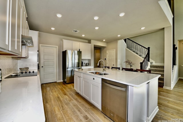 kitchen featuring stainless steel appliances, white cabinetry, a sink, and a center island with sink