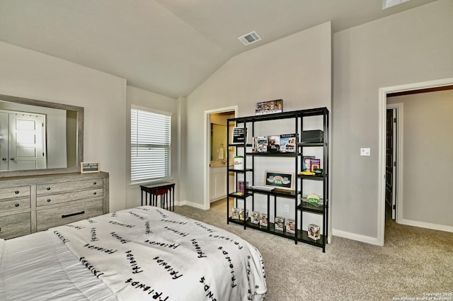 bedroom with light carpet, baseboards, visible vents, and lofted ceiling