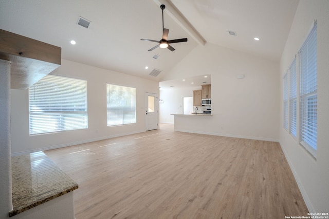 unfurnished living room with light wood-style flooring, visible vents, high vaulted ceiling, and beamed ceiling