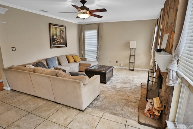 4114 Luckenbach, San Antonio, TX 78251 - living area featuring crown molding, a fireplace, visible vents, ceiling fan, and baseboards