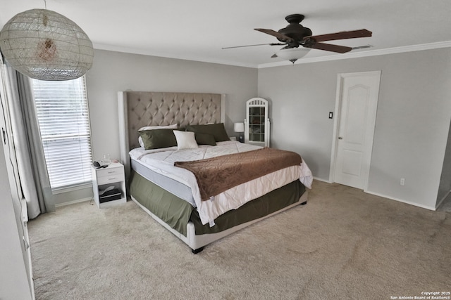 4114 Luckenbach, San Antonio, TX 78251 - bedroom featuring ornamental molding, carpet flooring, ceiling fan, and baseboards