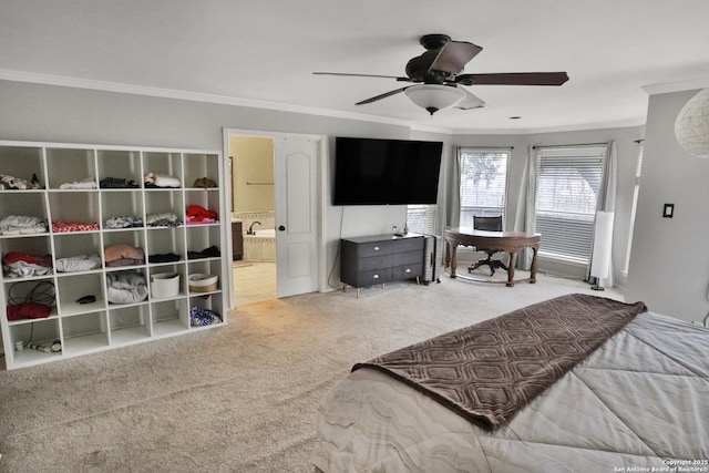 4114 Luckenbach, San Antonio, TX 78251 - bedroom with light colored carpet, ensuite bathroom, ornamental molding, a ceiling fan, and a sink