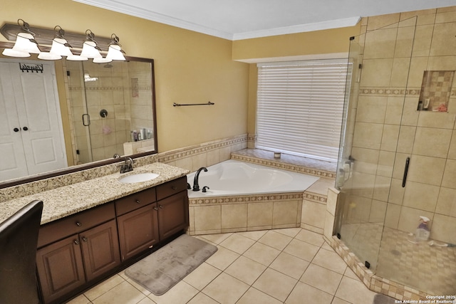 4114 Luckenbach, San Antonio, TX 78251 - full bath featuring a stall shower, tile patterned floors, a bath, and crown molding