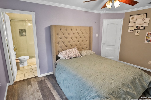 4114 Luckenbach, San Antonio, TX 78251 - bedroom featuring baseboards, a ceiling fan, connected bathroom, ornamental molding, and dark wood-style flooring