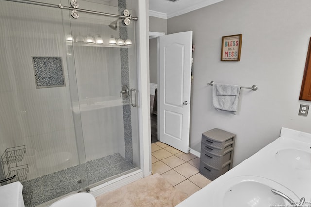 4114 Luckenbach, San Antonio, TX 78251 - bathroom featuring a shower stall, crown molding, a sink, and tile patterned floors