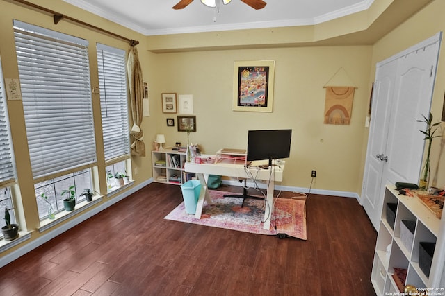 4114 Luckenbach, San Antonio, TX 78251 - home office with ornamental molding, dark wood-style flooring, ceiling fan, and baseboards