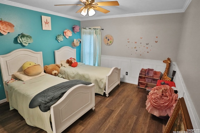 4114 Luckenbach, San Antonio, TX 78251 - bedroom with dark wood-style flooring, a wainscoted wall, crown molding, and ceiling fan
