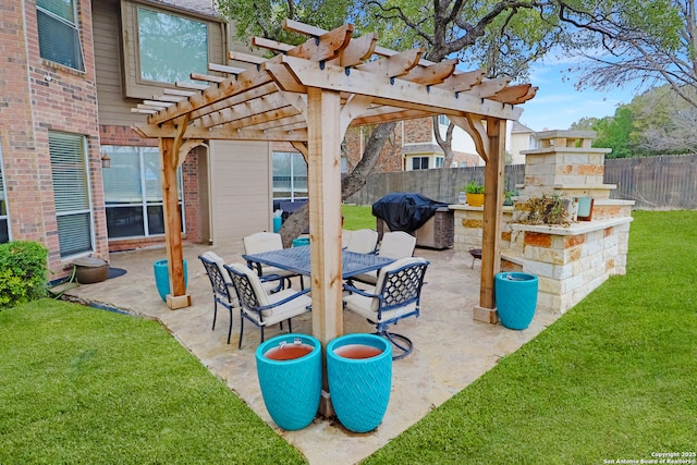 4114 Luckenbach, San Antonio, TX 78251 - view of patio / terrace featuring a grill, fence, outdoor dining area, and a pergola