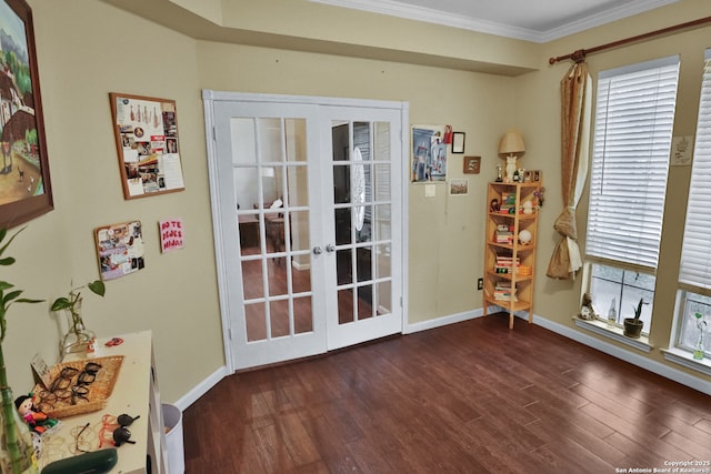 4114 Luckenbach, San Antonio, TX 78251 - doorway to outside featuring ornamental molding, french doors, dark wood-type flooring, and baseboards