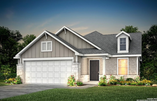 craftsman house with a garage, stone siding, a shingled roof, and concrete driveway