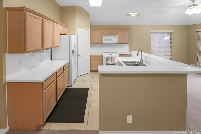 kitchen featuring light countertops, light tile patterned flooring, ceiling fan, a sink, and white appliances