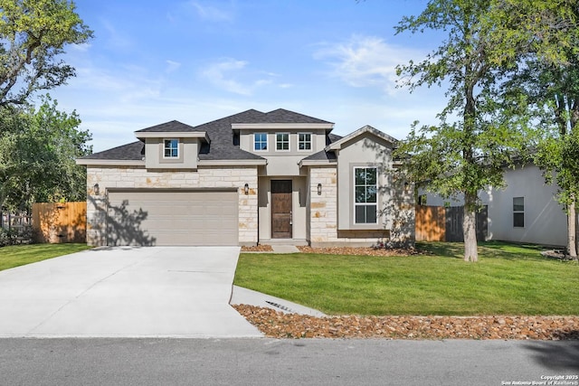 view of front facade featuring driveway, stucco siding, an attached garage, fence, and a front yard