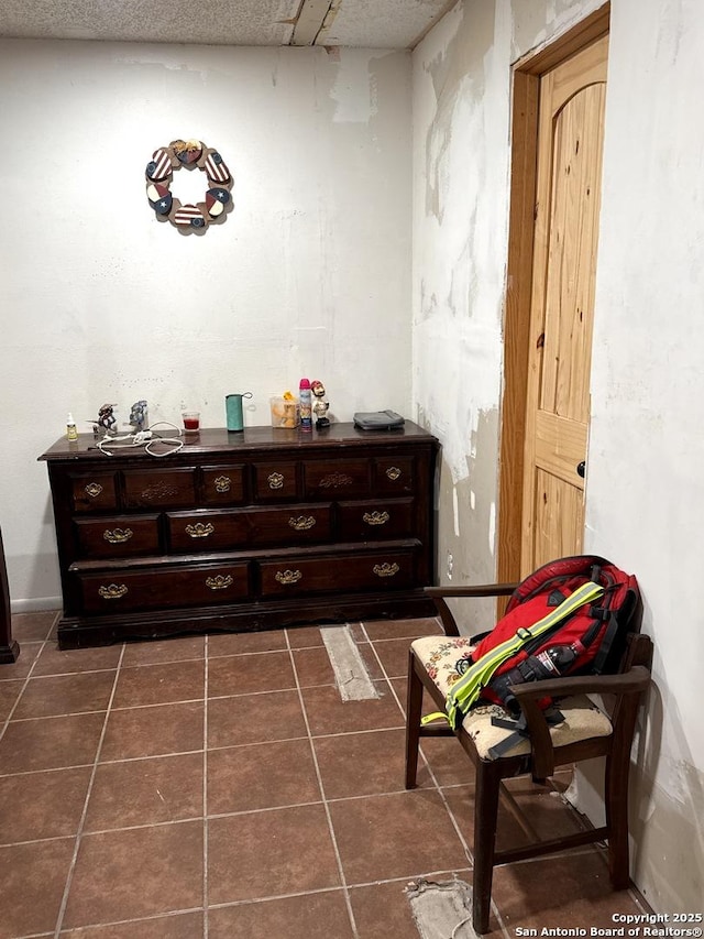 sitting room with dark tile patterned floors