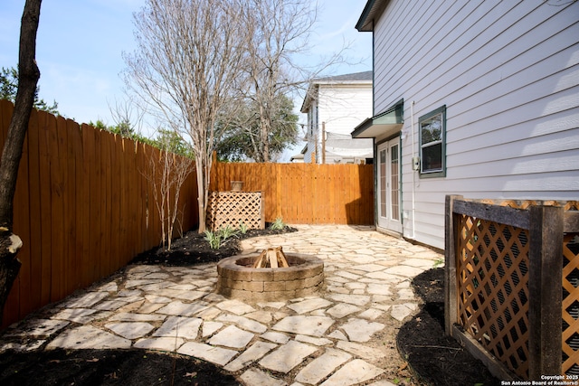 view of patio / terrace with an outdoor fire pit and a fenced backyard