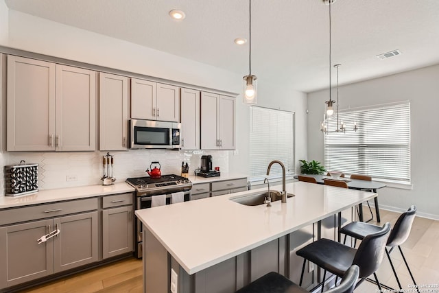 kitchen featuring a kitchen island with sink, a sink, light countertops, appliances with stainless steel finishes, and decorative light fixtures