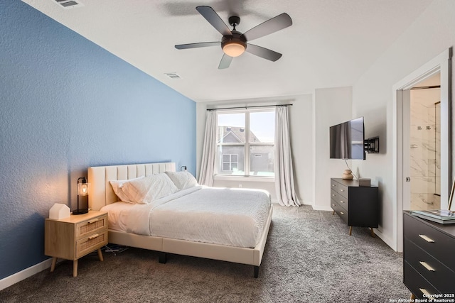 bedroom featuring a ceiling fan, dark colored carpet, visible vents, and baseboards