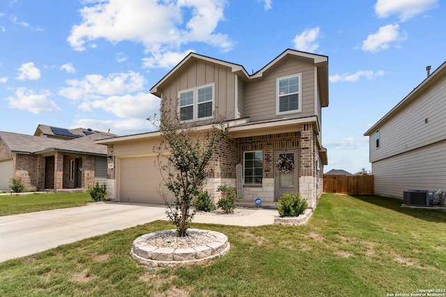 view of front of property with driveway, board and batten siding, fence, a front lawn, and central AC