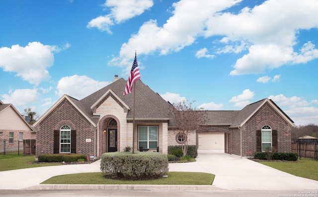 view of front of house with driveway, an attached garage, fence, and brick siding