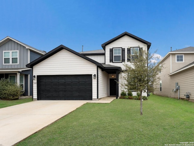 traditional home featuring board and batten siding, an attached garage, driveway, and a front lawn