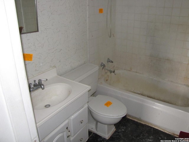 bathroom featuring shower / bath combination, vanity, toilet, and wallpapered walls