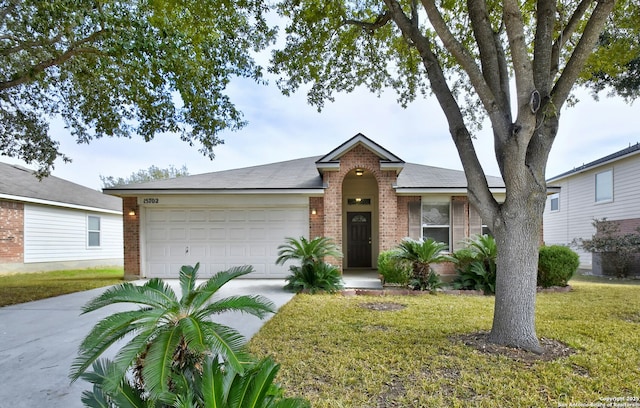 ranch-style house with a garage, brick siding, driveway, and a front lawn