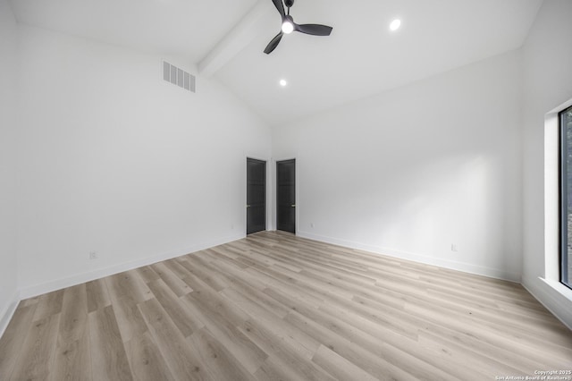 31047 Windmill Ln, Bulverde, TX 78163 - unfurnished room with beamed ceiling, ceiling fan, light wood finished floors, high vaulted ceiling, and baseboards