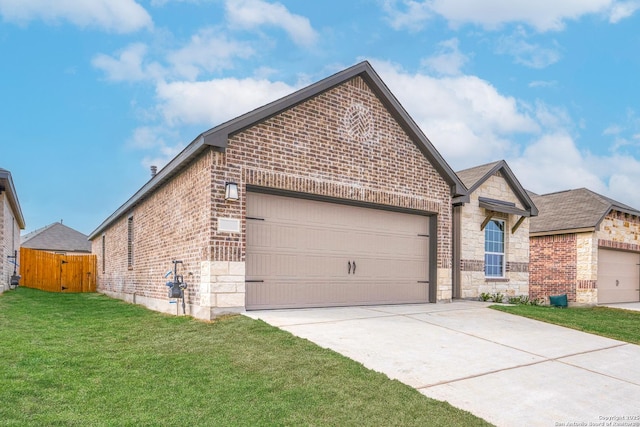 view of front facade featuring brick siding, concrete driveway, a front yard, a garage, and stone siding