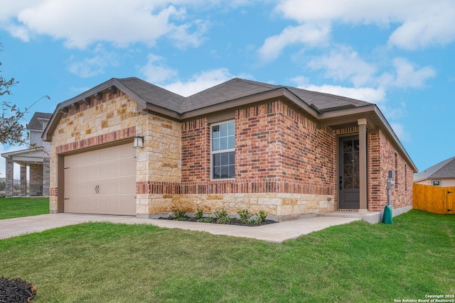 view of front facade with a garage, stone siding, brick siding, and driveway