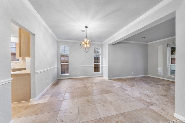 unfurnished dining area featuring an inviting chandelier, light tile patterned floors, ornamental molding, and a textured ceiling