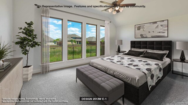 carpeted bedroom with a ceiling fan, lofted ceiling, and baseboards