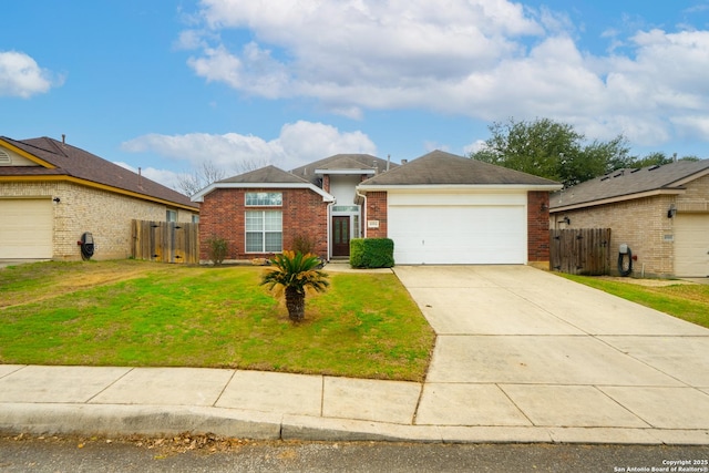 single story home with concrete driveway, brick siding, fence, and an attached garage