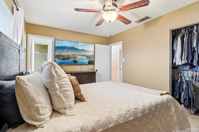 bedroom featuring a closet, visible vents, and a ceiling fan