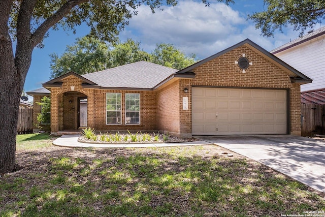 single story home featuring an attached garage, brick siding, fence, concrete driveway, and roof with shingles