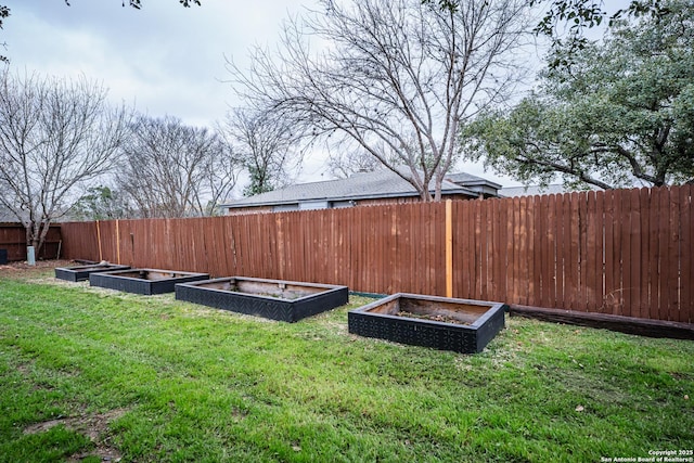 view of yard featuring a fenced backyard and a garden