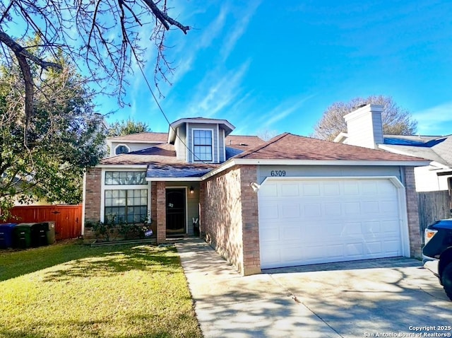 view of front of house with an attached garage, brick siding, fence, concrete driveway, and a front yard